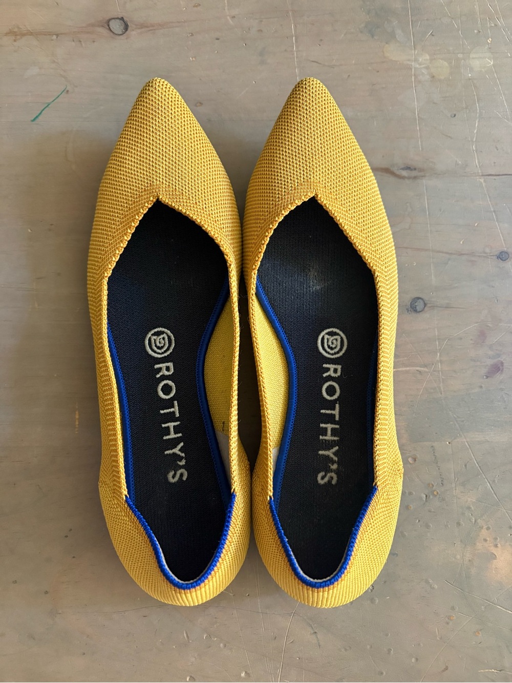 Rothy's Yellow Pointed Toe Knit Flats with Blue Trim